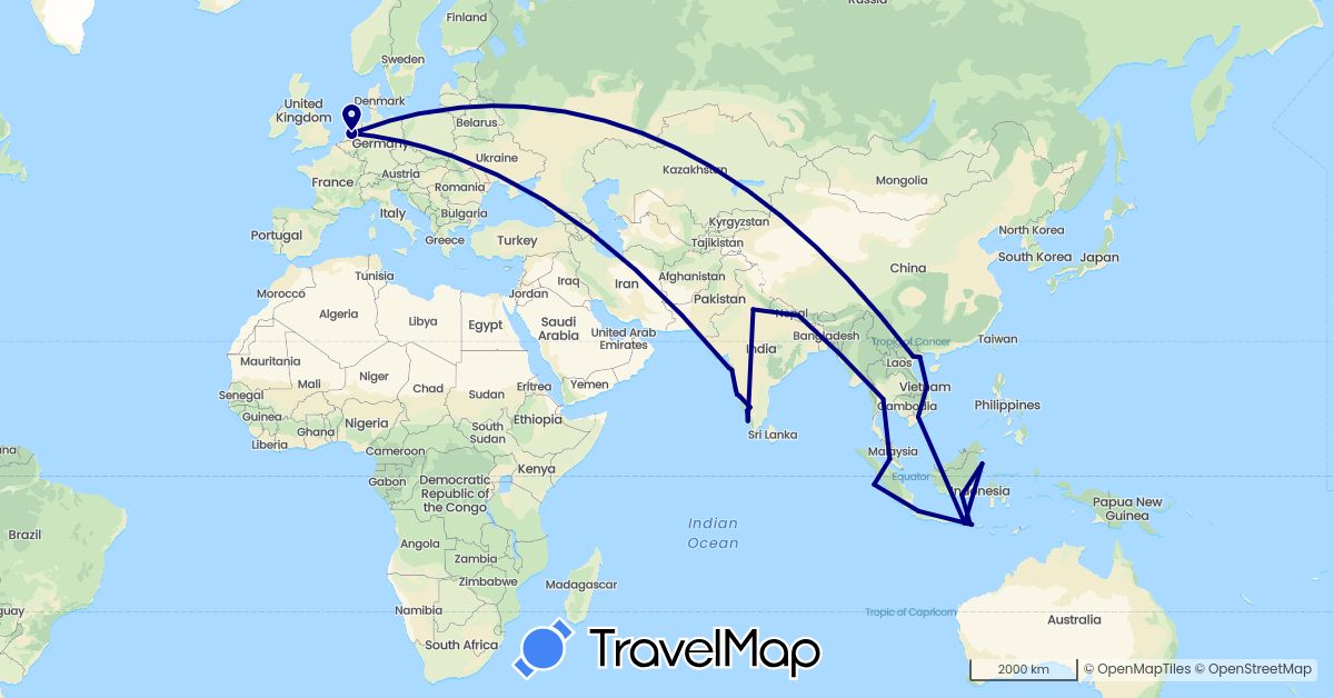 TravelMap itinerary: driving in Indonesia, India, Malaysia, Netherlands, Nepal, Thailand, Vietnam (Asia, Europe)