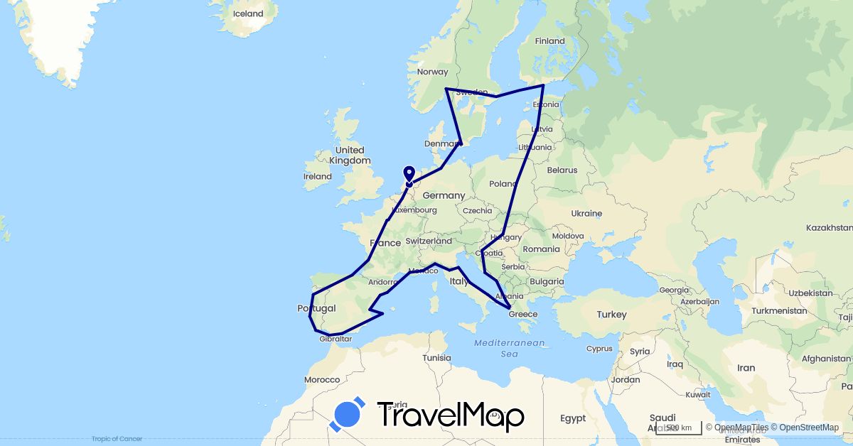 TravelMap itinerary: driving in Albania, Belgium, Germany, Denmark, Spain, Finland, France, Greece, Croatia, Hungary, Italy, Latvia, Monaco, Netherlands, Norway, Poland, Portugal, Sweden (Europe)