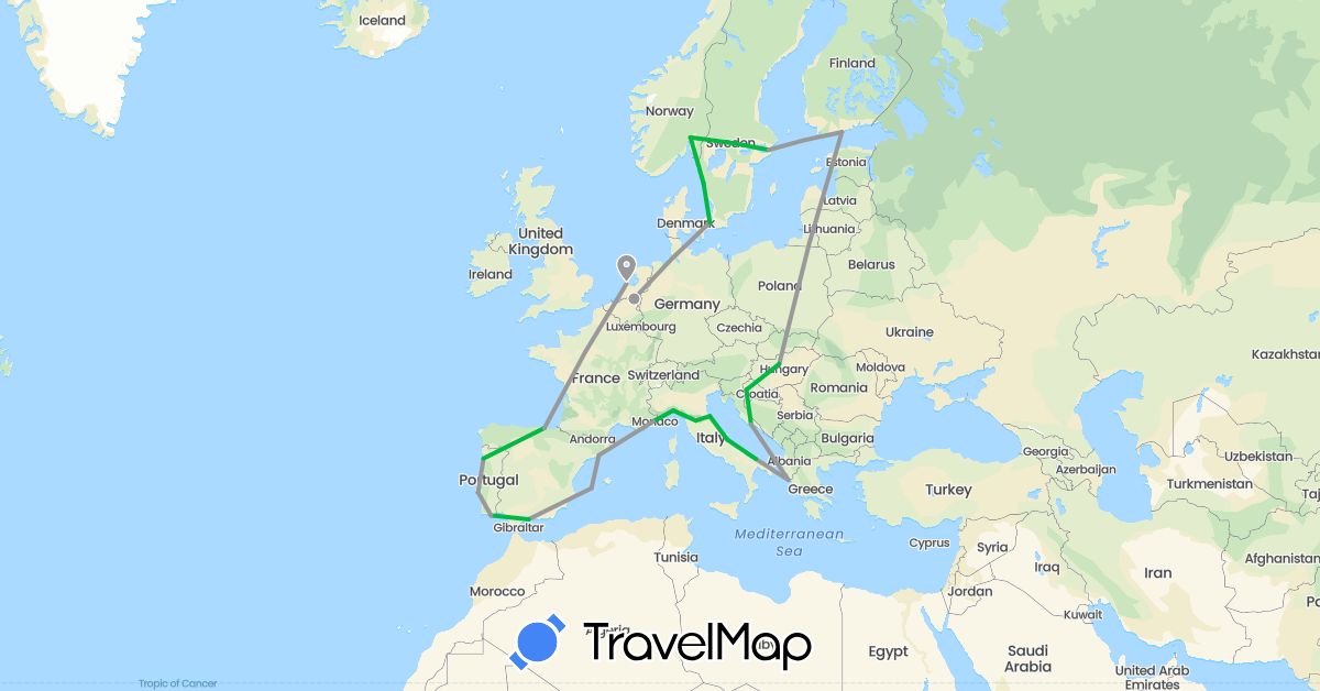 TravelMap itinerary: bus, plane in Denmark, Spain, Finland, France, Greece, Croatia, Hungary, Italy, Netherlands, Norway, Portugal, Sweden (Europe)