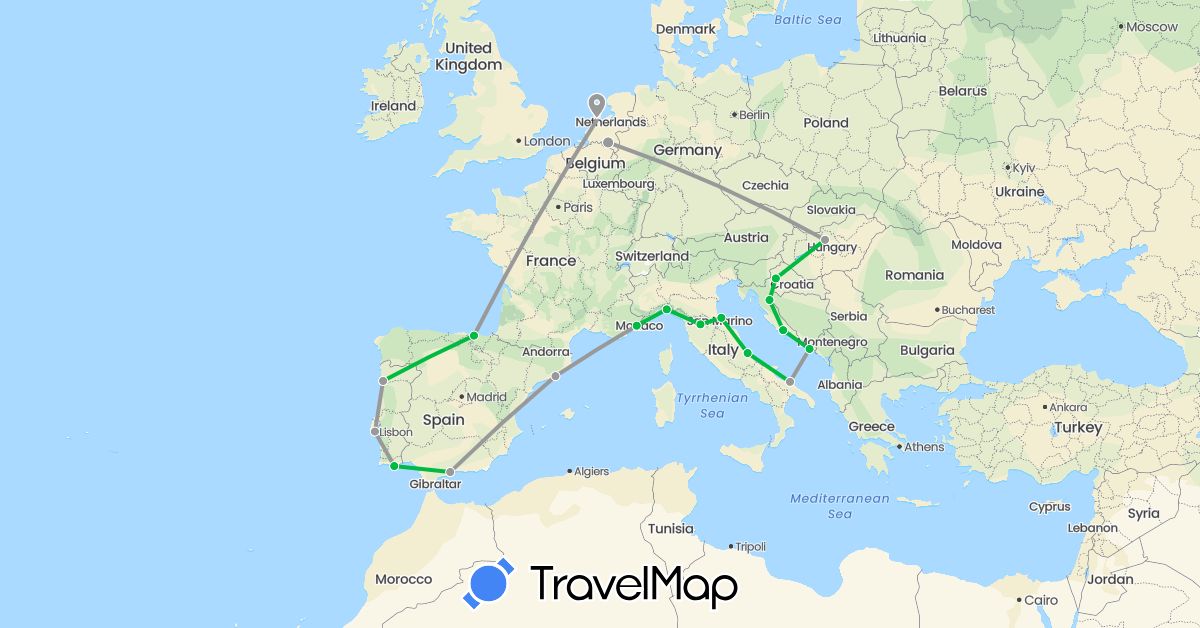 TravelMap itinerary: driving, bus, plane in Spain, France, Croatia, Hungary, Italy, Netherlands, Portugal (Europe)