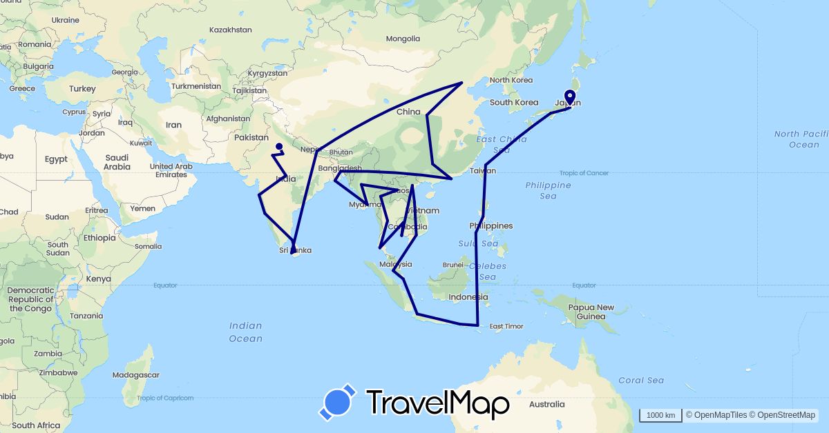 TravelMap itinerary: driving in Bangladesh, China, Hong Kong, Indonesia, India, Japan, Cambodia, Laos, Sri Lanka, Myanmar (Burma), Malaysia, Nepal, Philippines, Singapore, Thailand, Taiwan, Vietnam (Asia)