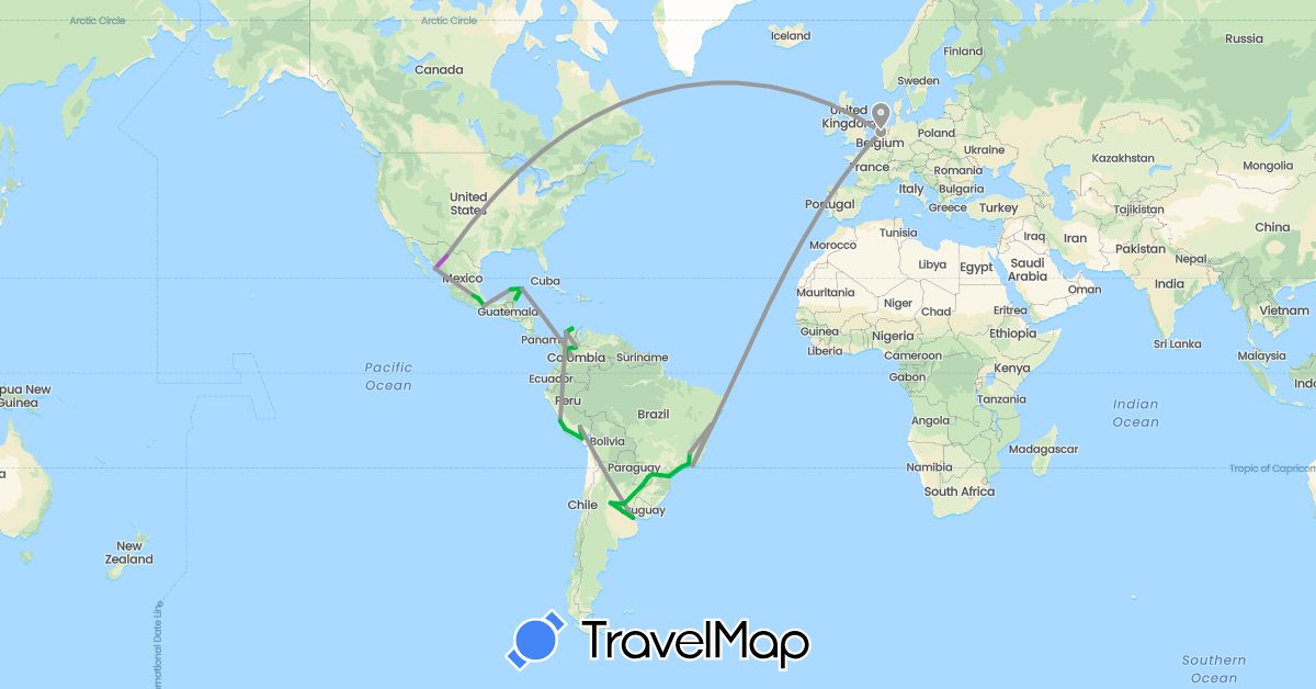 TravelMap itinerary: driving, bus, plane, train in Argentina, Brazil, Colombia, Mexico, Netherlands, Peru (Europe, North America, South America)