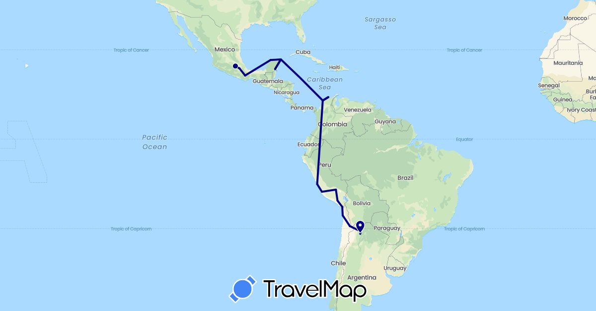 TravelMap itinerary: driving in Argentina, Chile, Colombia, Mexico, Peru (North America, South America)