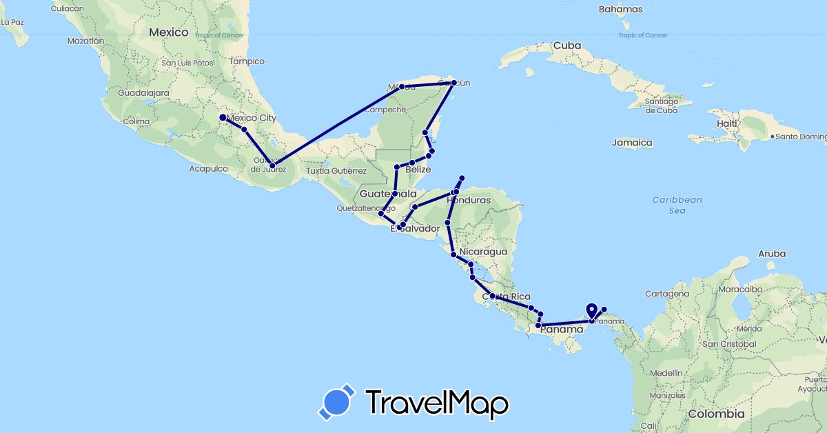 TravelMap itinerary: driving in Belize, Costa Rica, Guatemala, Honduras, Mexico, Nicaragua, Panama, El Salvador (North America)