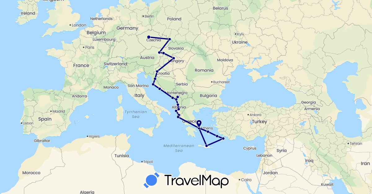 TravelMap itinerary: driving in Albania, Austria, Czech Republic, Greece, Croatia, Hungary, Montenegro, Slovakia (Europe)
